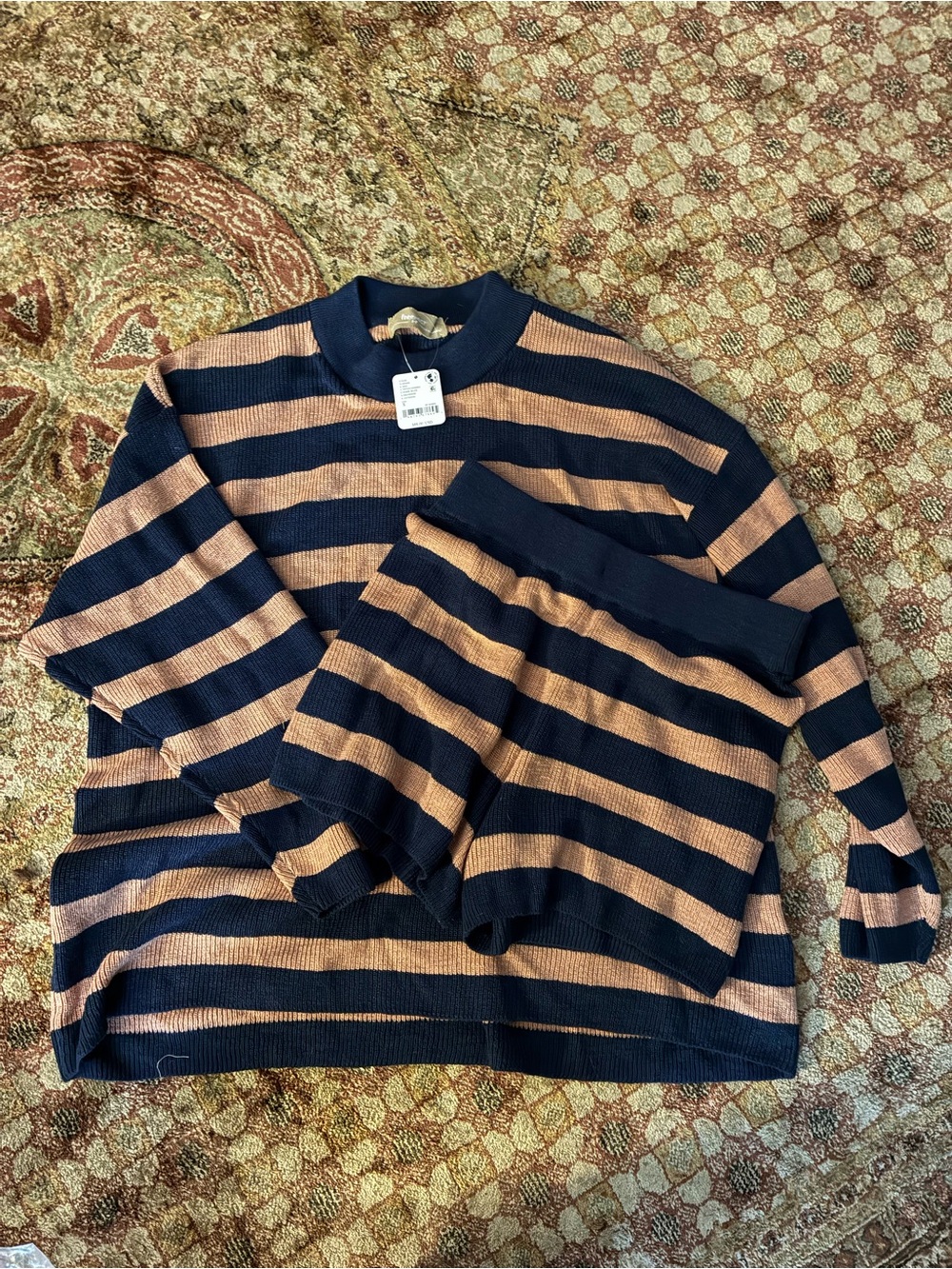 Free PeopleStriped Navy and Tan Knit Sweater Set
